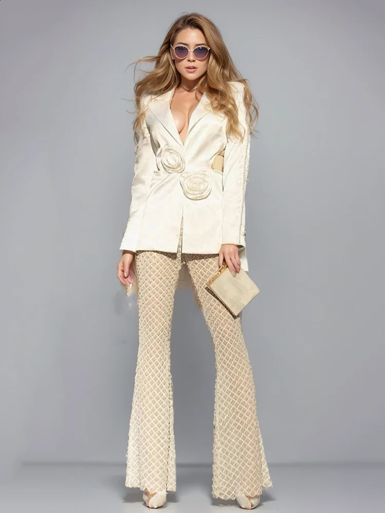 DEAT Fashion Womens 2-piece Set Slotted Single Button Back less Flower High Waist Sparkling Pearl Pants Summer 2024 Style 7AB4135 241021