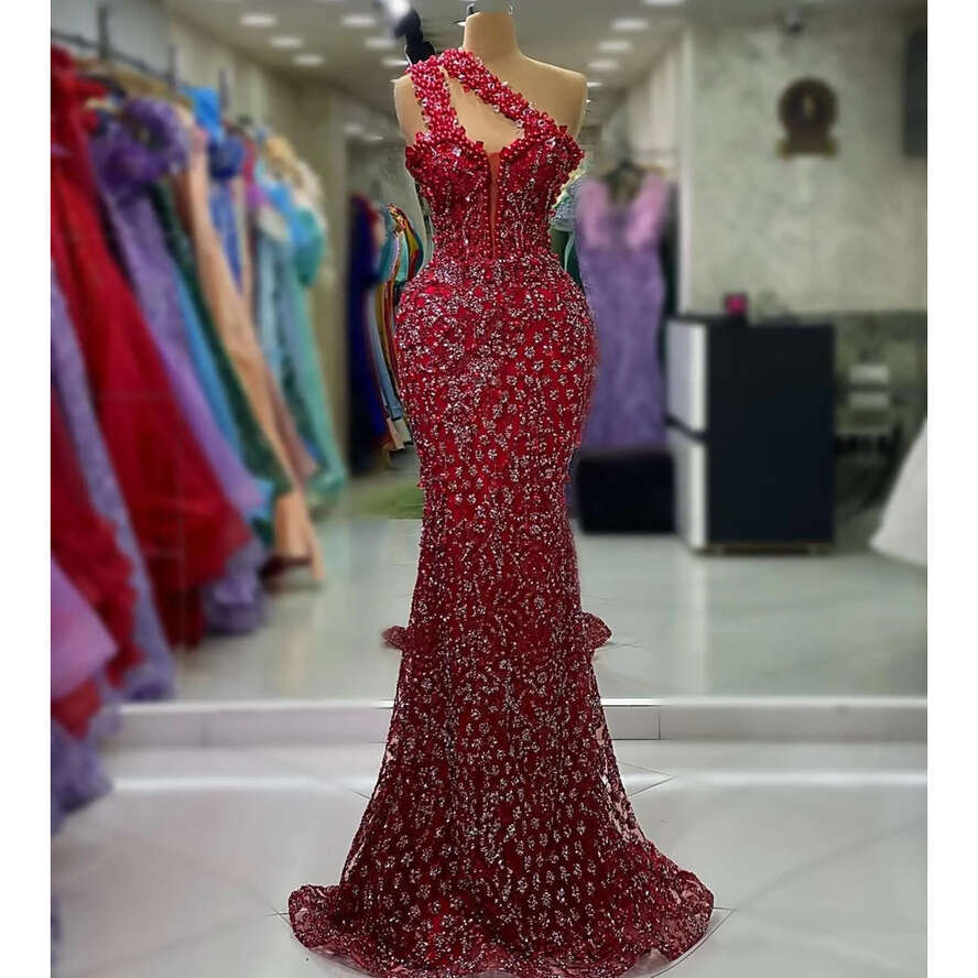 Dark August Aso Ebi Red Mermaid Prom Dress Pearls Sexy Evening Formal Party Second Reception Birthday Engagement Gowns Dresses Robe De Soiree ZJ es