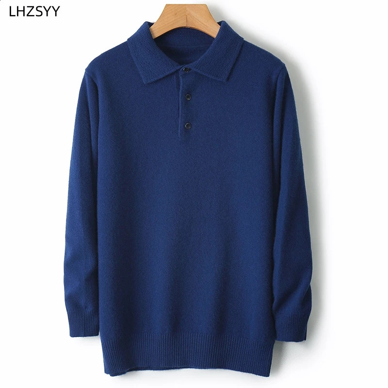 LHZSYY 100%Merino Wool Cardigans Men Lapel Pullover Long Sleeve POLO Neck Sweaters Loose Tops Knit Clothing Large Size Shirt 241021