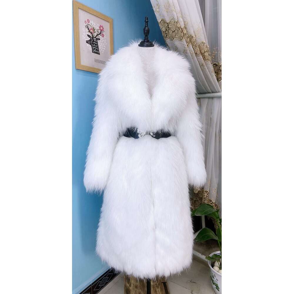 ANNSIRGRA 100% Genuine Fox Fur Jacket x-long Real Fox Fur Coat with Large Turn-down Fox Fur Collar Warm Stylish Fashion Overcoat