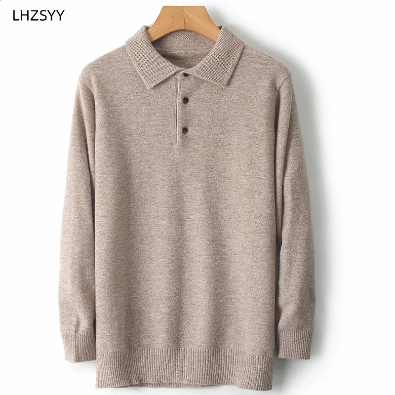 LHZSYY 100%Merino Wool Cardigans Men Lapel Pullover Long Sleeve POLO Neck Sweaters Loose Tops Knit Clothing Large Size Shirt 241021