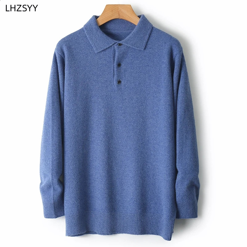 LHZSYY 100%Merino Wool Cardigans Men Lapel Pullover Long Sleeve POLO Neck Sweaters Loose Tops Knit Clothing Large Size Shirt 241021