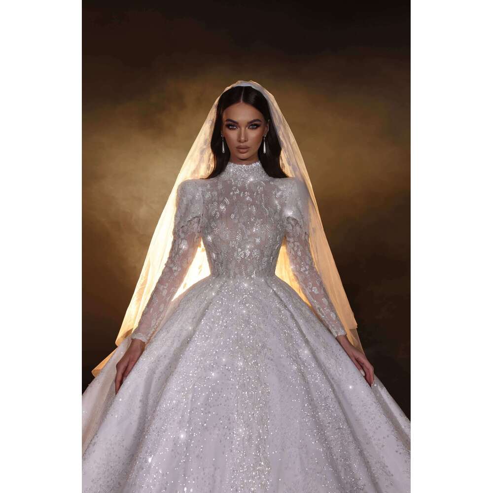 Wedding Dress Ball Gown High Neck Appliques Sequined Long Sleeve Or-Length Princess Bride Vestido De Noiva Custom Made 0228Lz