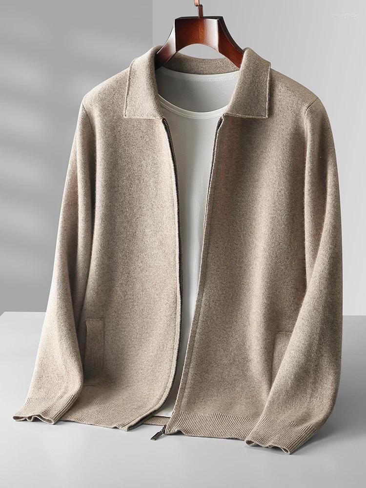Men's Sweaters Luxury Autumn Winter Men Cashmere Sweater Thick Warm Zipper Cardigan Merino Wool Knitwear Polo Collar Top Smart Casual Coat