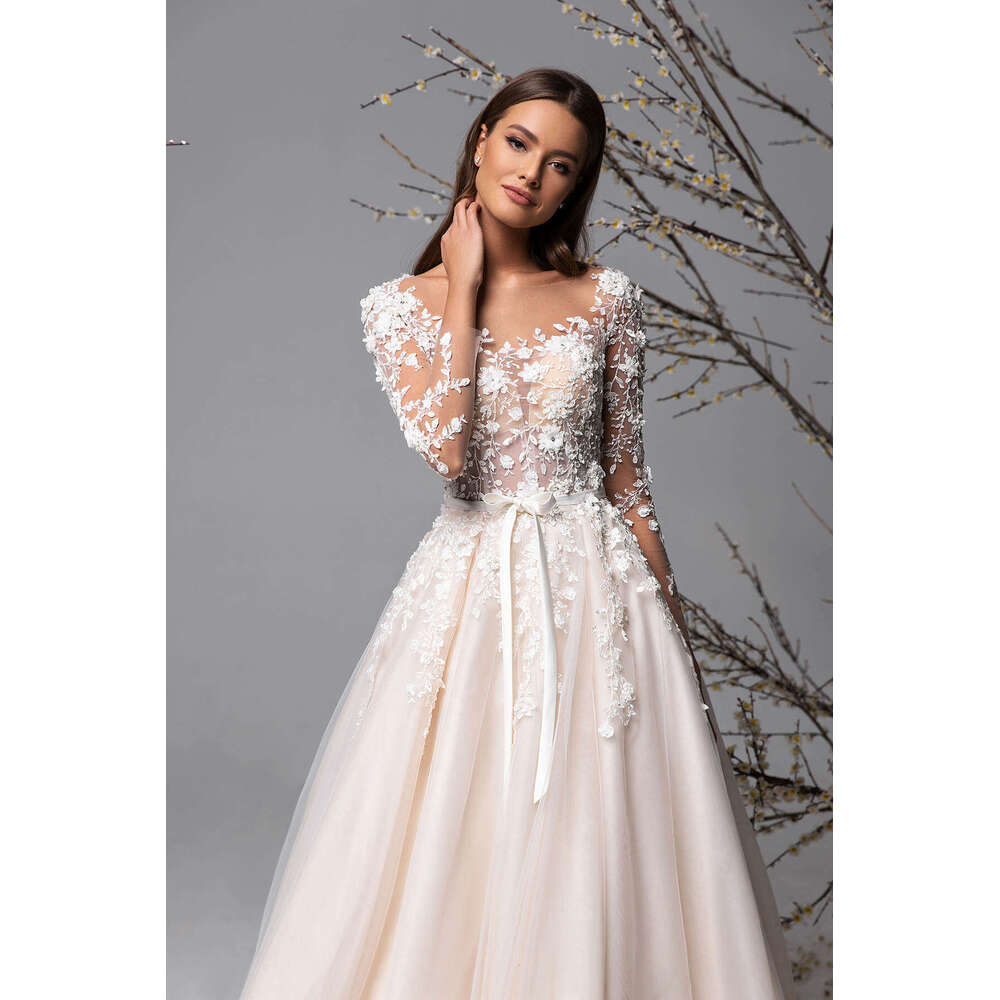 Stunning Wedding Dress A-E Appliques Lace Silk Belt Long Sleeve Or-Length Princess Bride Vestido De Noiva Custom Made 0228Lz