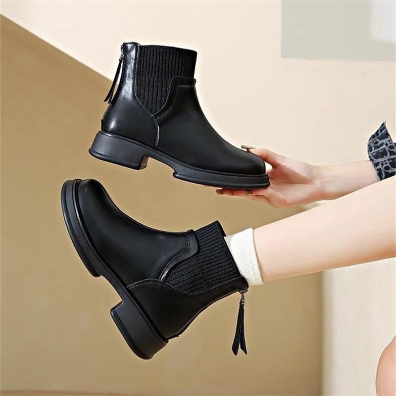 Stylish Women's Martin Boots: Versatile Chunky Heel Boots with Thick Sole for Casual Wear | Triple Black & Beige f54d