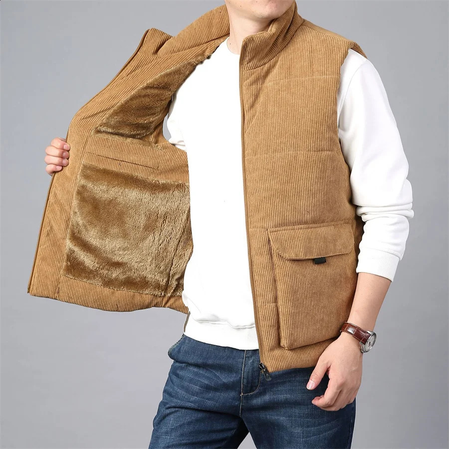 Winter Wool Vest Men Cotton Padded Warm Jacket Sleeveless Coat Stand Collar Waistcoat Corduroy Outerwear Mens Clothing Oversize 241021