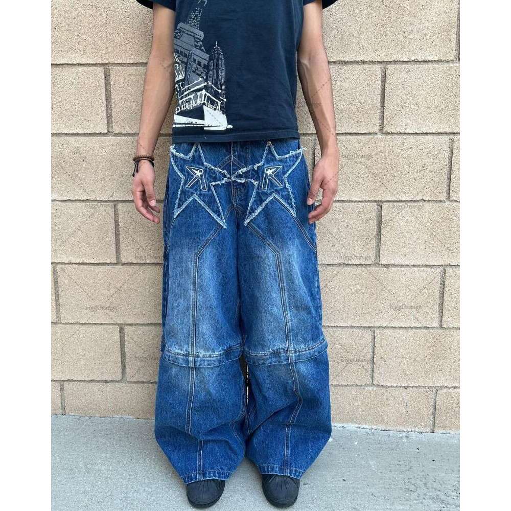 2024 Trendy Streetwear Trousers American Retro Embroidered Washed Distressed Baggy Jeans Men Gothic Punk Wide-Leg Straight Pants