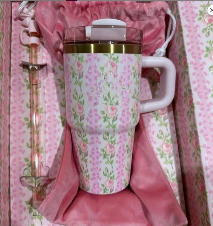 Us Stock 40oz Blue Magnolia Pink Rose Lilac Cups With Bow Cap 40 OZ Stainless Steel Tumblers Travel Car Mugs Clean Slate Water Bottles 0221