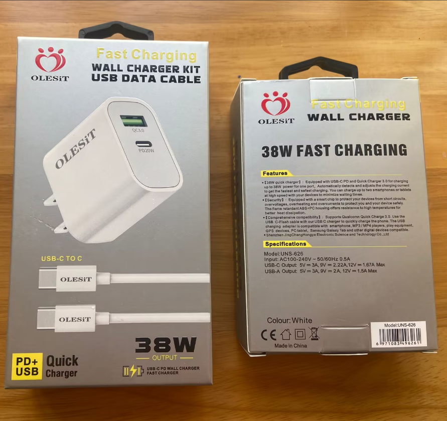 Olesit 38W PD + USB QC3.0 Cell Phone Dual Usb Type C Wall Charger For phone 15 16 Android smartphone with type-c to type-c cable kits