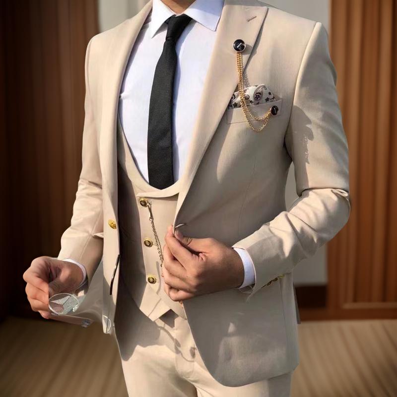 Italian Style Men's Suits Peak Lapel Custom Slim Fit 3 Piece Wedding Groom Tuxedo Business Fashoin Suit (Jacket+Pant+Vest)