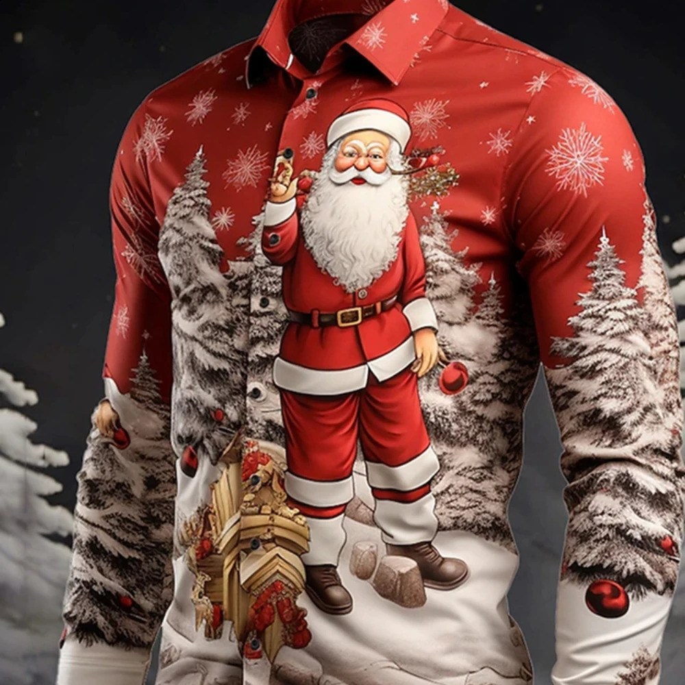 Daily Wear Going Out Fall Winter Turndown Long Sleeve Elastic Fabric Comfortable Shirt Santa Claus Pattern Casual Mens Shirt 241007