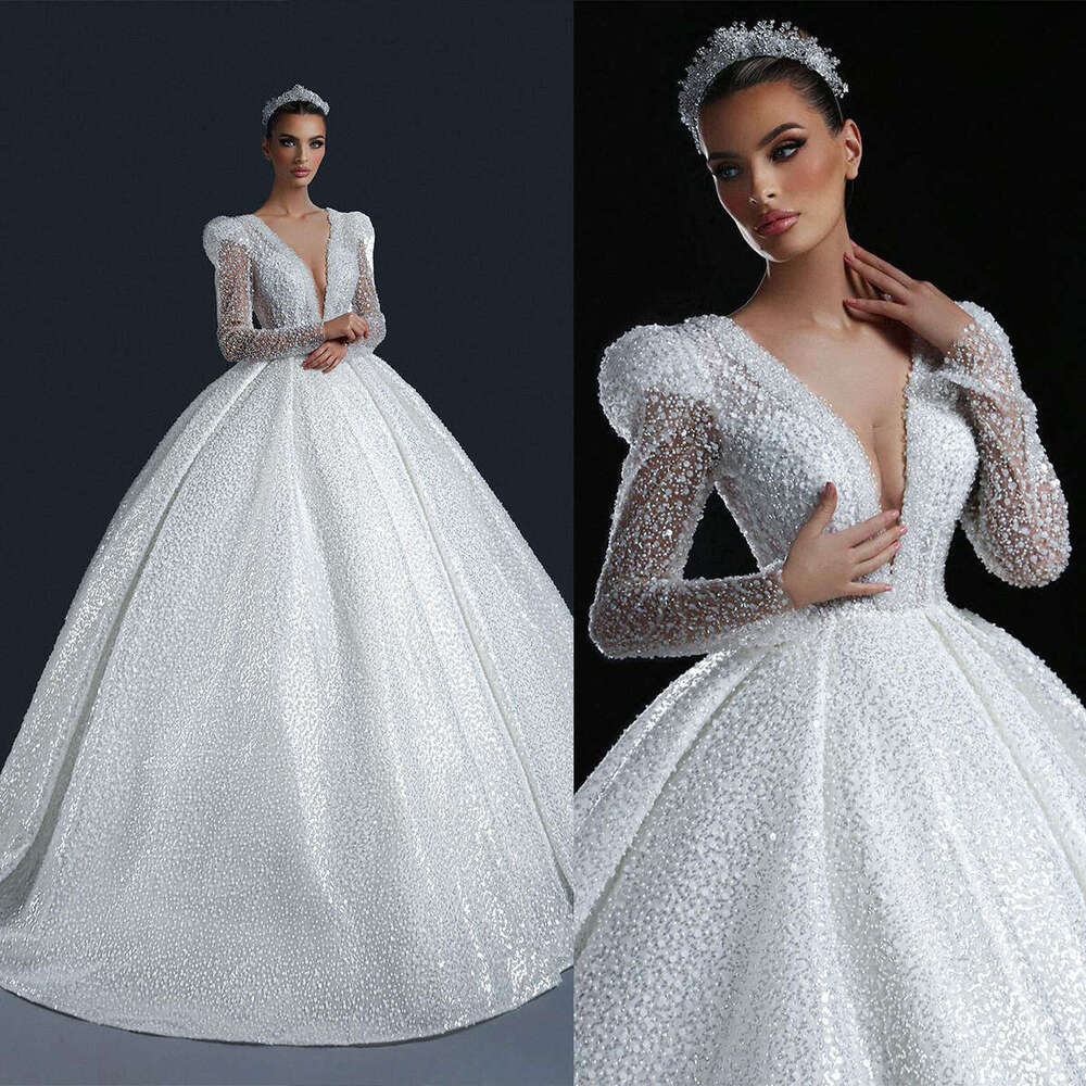 Ball Gown V-Neck Sequined Pearls Long Sleeve Plus Size Wedding Dress Princess Vestido De Noiva Custom Made 0228Lz