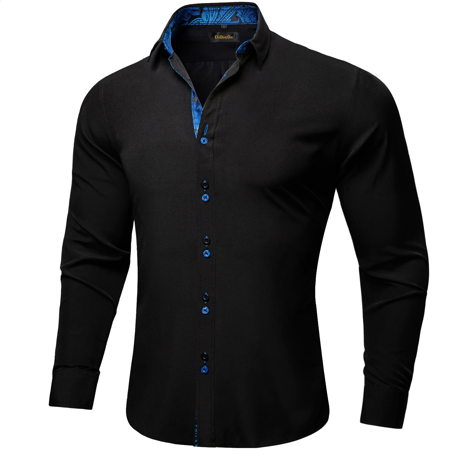 Mens polyester pure cotton black shirt long sleeved blue paisley patch work social casual dress elegant mens clothing 241007