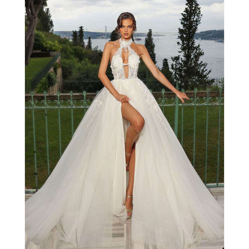 Elegant Wedding Dress A-E Halter Appliques Lace High Split Cut-Out Sleeveless Or Length Bride Vestido De Noiva Custom Made 0228Lz