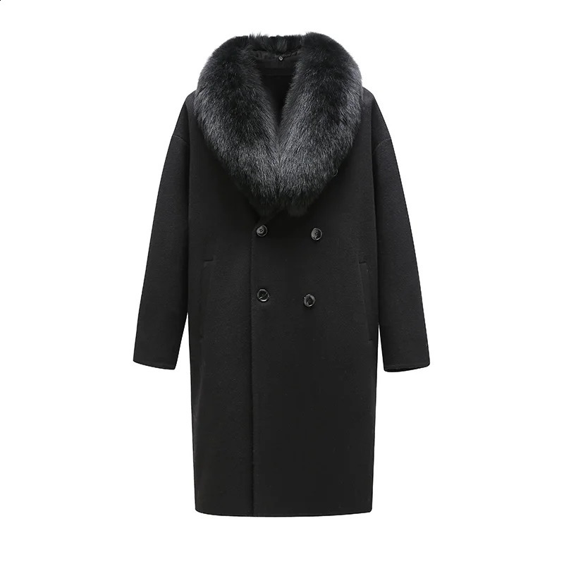 Mens 100% real wool coat with detachable big real fox fur collar warm coat for winter and autumn fluffy natural fur QN5119 241021