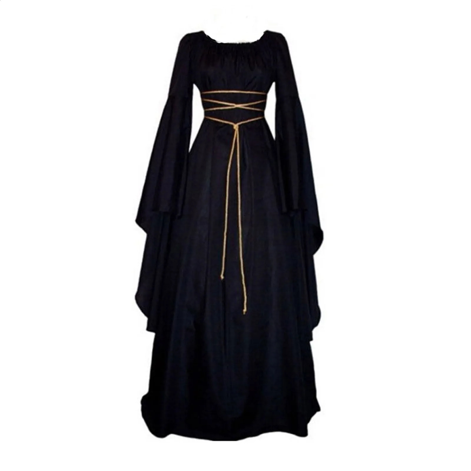 Medieval role-playing witch Maxi dress Gothic retro long sleeved bandage ultra-thin robe with floor length Vestitos 241019