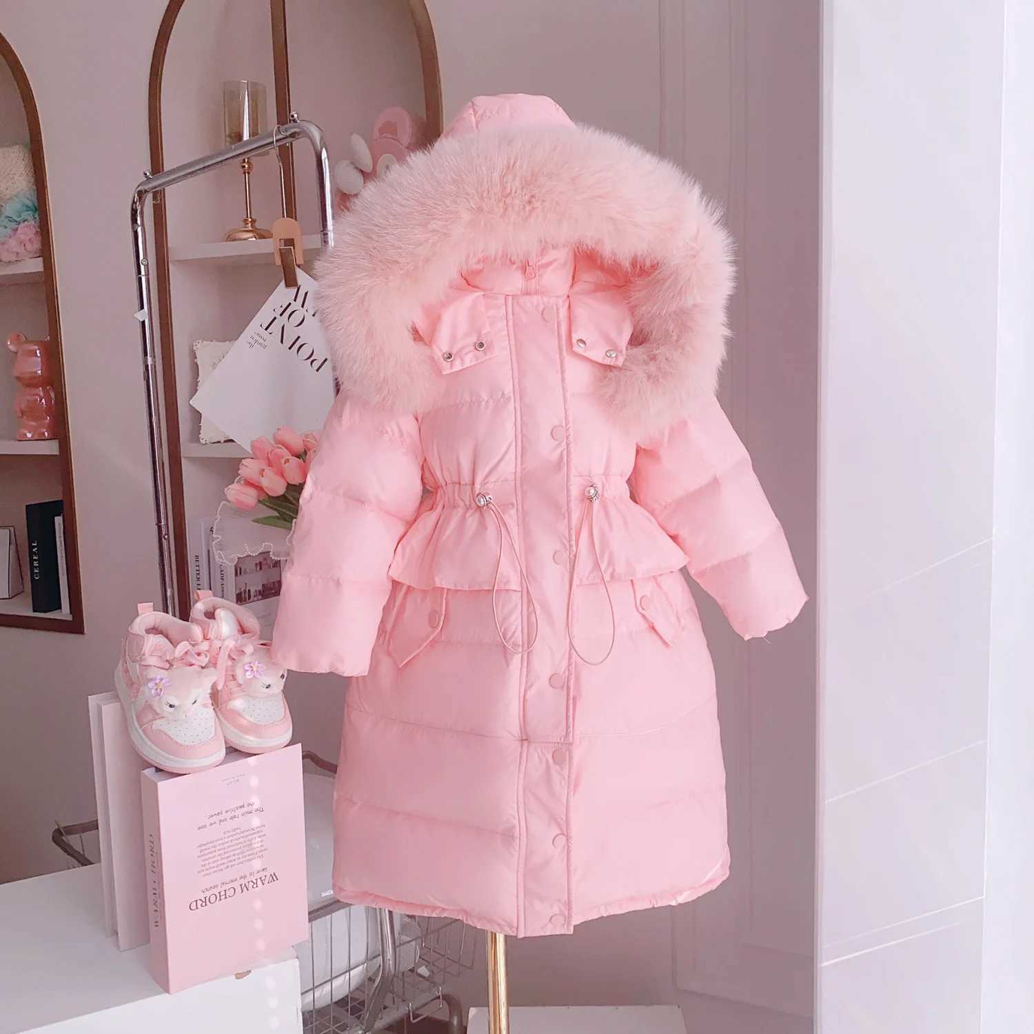 4-12 Years Old Winter Girls Slim Jacket Long Style Hooded Fur Collar Pink Black Color Thicken Coat For Kids Children OuterwearXJ241021