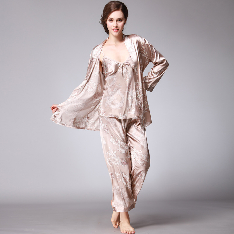 2025 New designer women s silk satin Pamas set piece fashion silk Pj set pajama Cami pajama with robe and pants