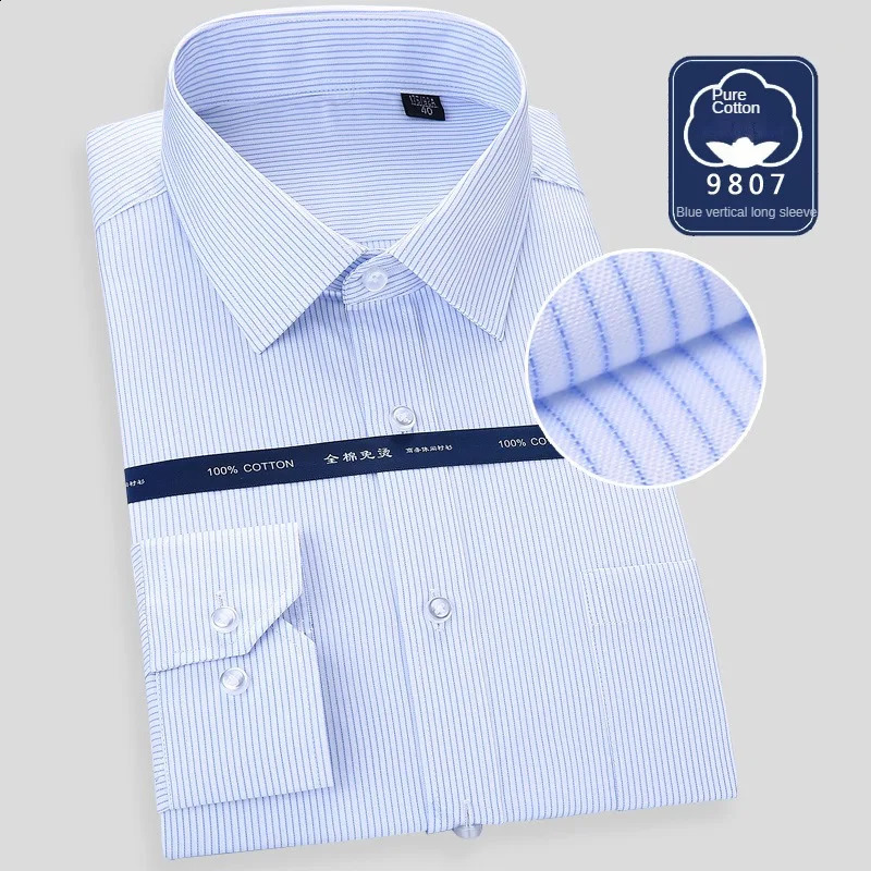 High quality ironless mens long sleeved shirt 100% pure cotton solid mens formal business shirt white blue 241007