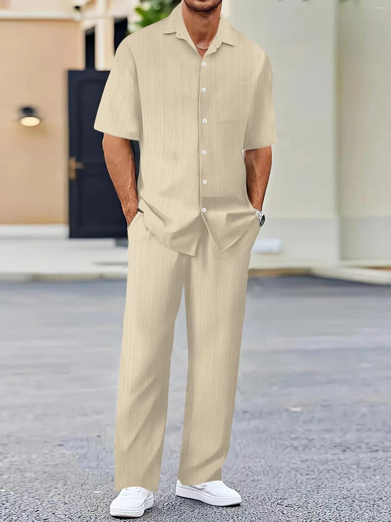 Mens Tracksuits Casual Loose Beach Suit Solid Color Striped Short-sleeved Trousers Two-piece Southeast Asian Shirt