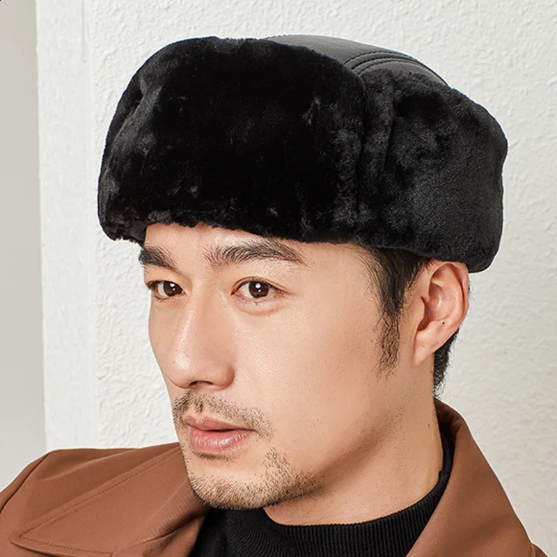 Winter Lei Feng Hats Man Genuine Leather Cap Male Warm Faux Fur Inside Big Earflap Middle-Aged Elderly Father Gorras Ear Cap 241024