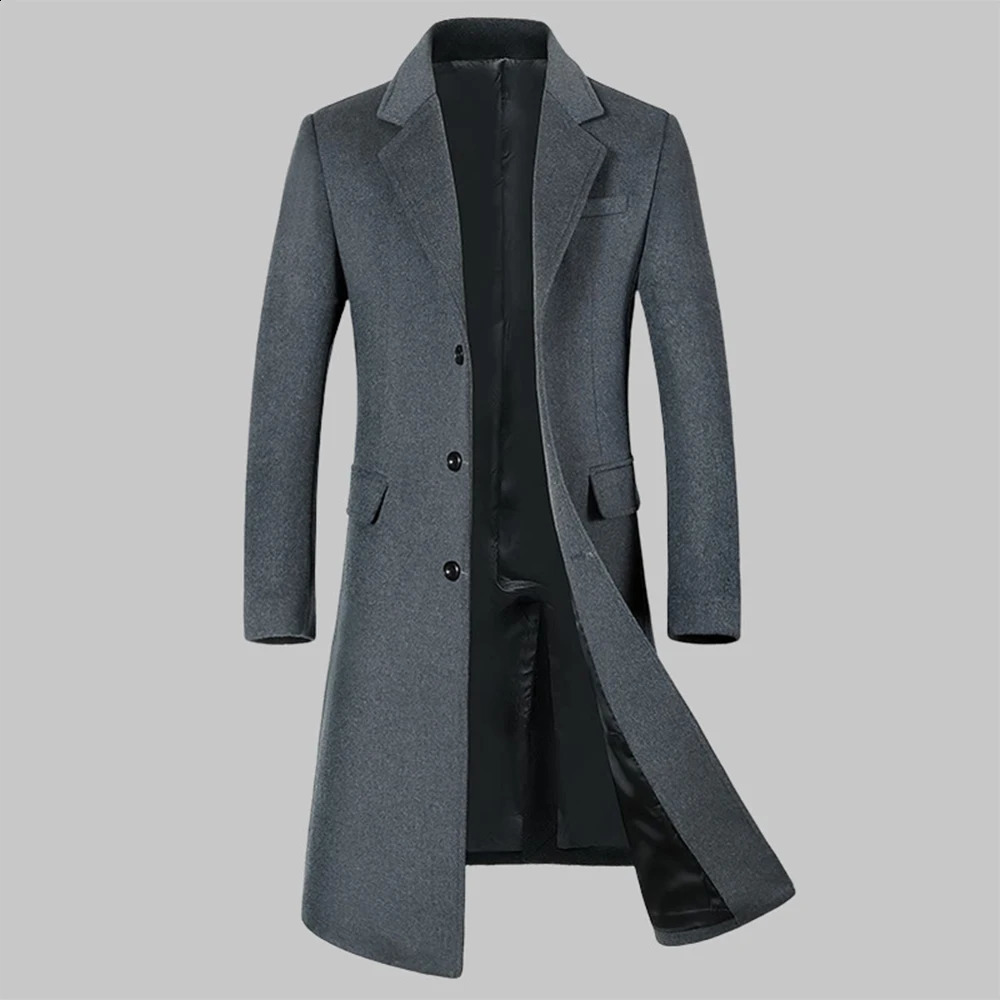 autumn and winter mens wool coat long knee set collar cotton thick wool coat 241021