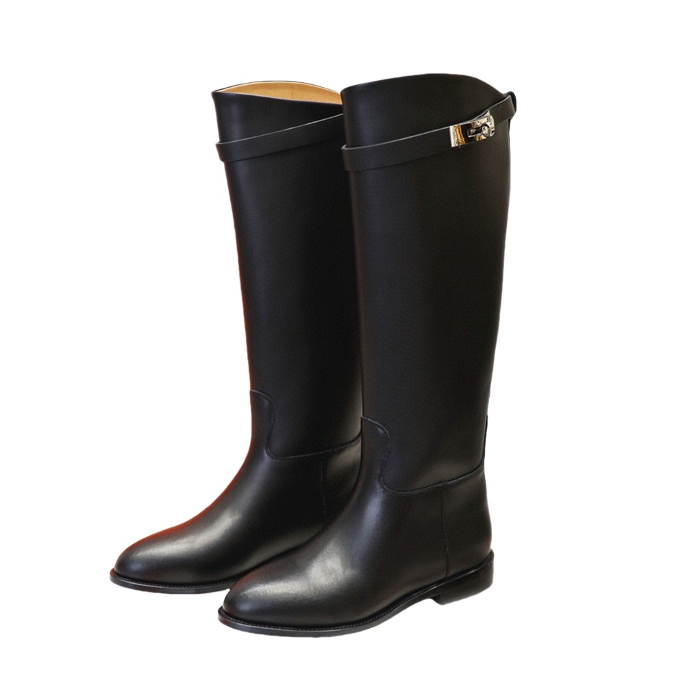 designer boots women boot Curved-edge low heel tall boot smooth Vegetable tanned calfskin Buckle decoration Round Toes knee-high riding Genuine boots women luxury