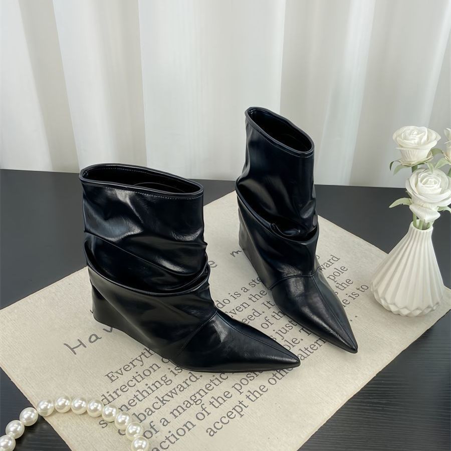 New European and American Niche Design Pointed High-heeled Wrinkled Boots