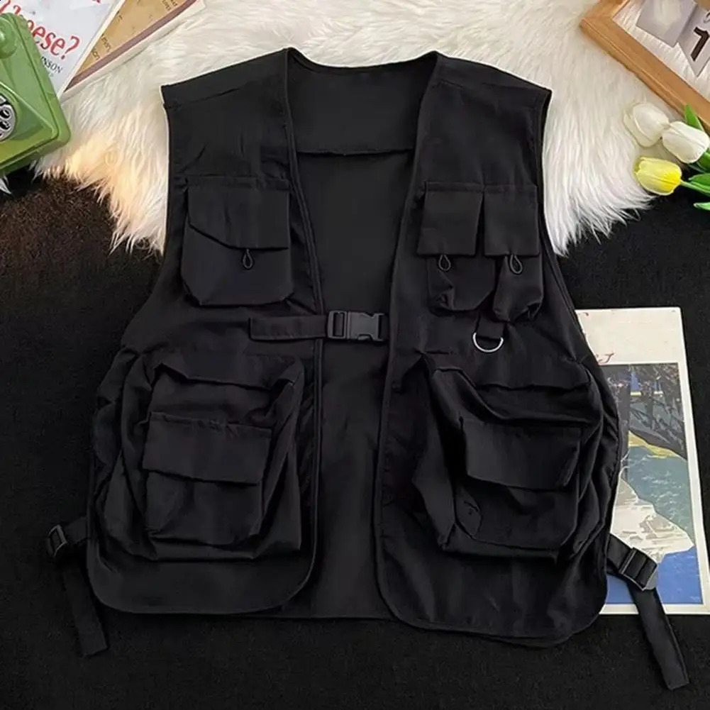 Multi Pockets Cargo Waistcoat Solid Color Hip Hop Style Women Men Sleeveless Loose Buckle Closure Jackets Vests 241021
