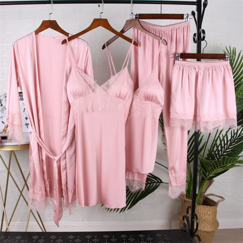 2025 New designer with breast pad full slip lace white ice silk Pamas women s fashion suspender shorts five piece set pajamas bathrobe