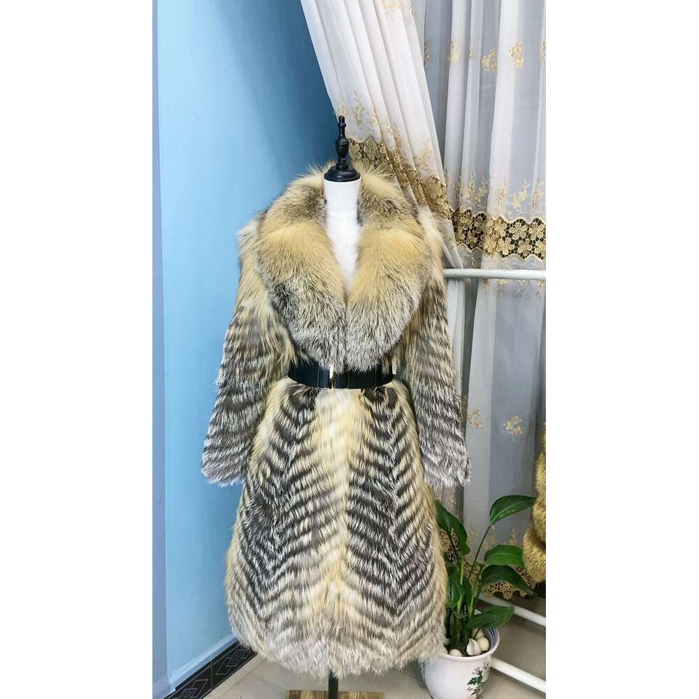 ANNSIRGRA 100% Genuine Fox Fur Jacket x-long Real Fox Fur Coat with Large Turn-down Fox Fur Collar Warm Stylish Fashion Overcoat