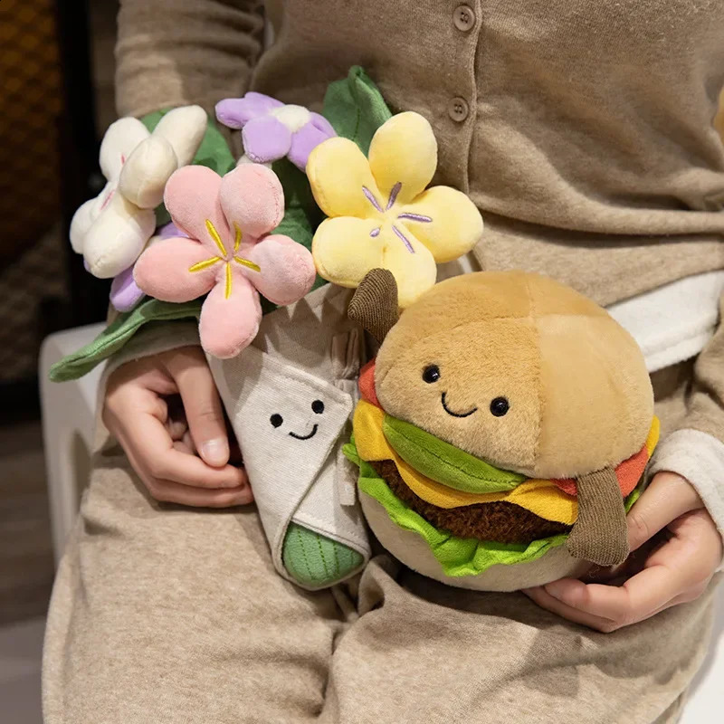 Kawaii Hamburger Plush Toy Soft Stuffed Bouquet Cushion Funny Food / Flower Pillow Cute Burger Doll Creative Birthday Gift 241021