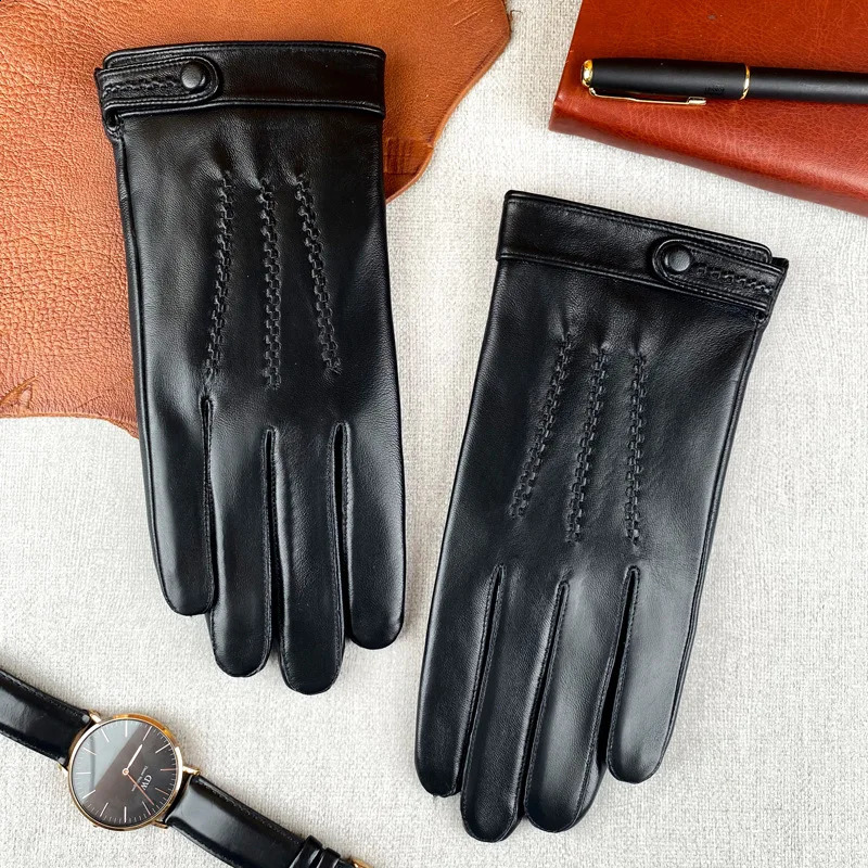 High Quality Genuine Sheepskin Leather Men Gloves Autumn Winter Windproof Warm Touch Screen Business Full Finger Gloves 241024