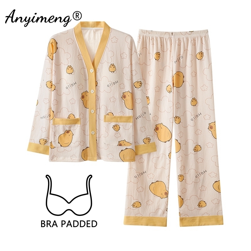 2025 New Autumn Winter Pamas with Bra Pads Long Sleeves Homewear Cardigan Kimono fashion Pijamas Fashion Women Sleepwear