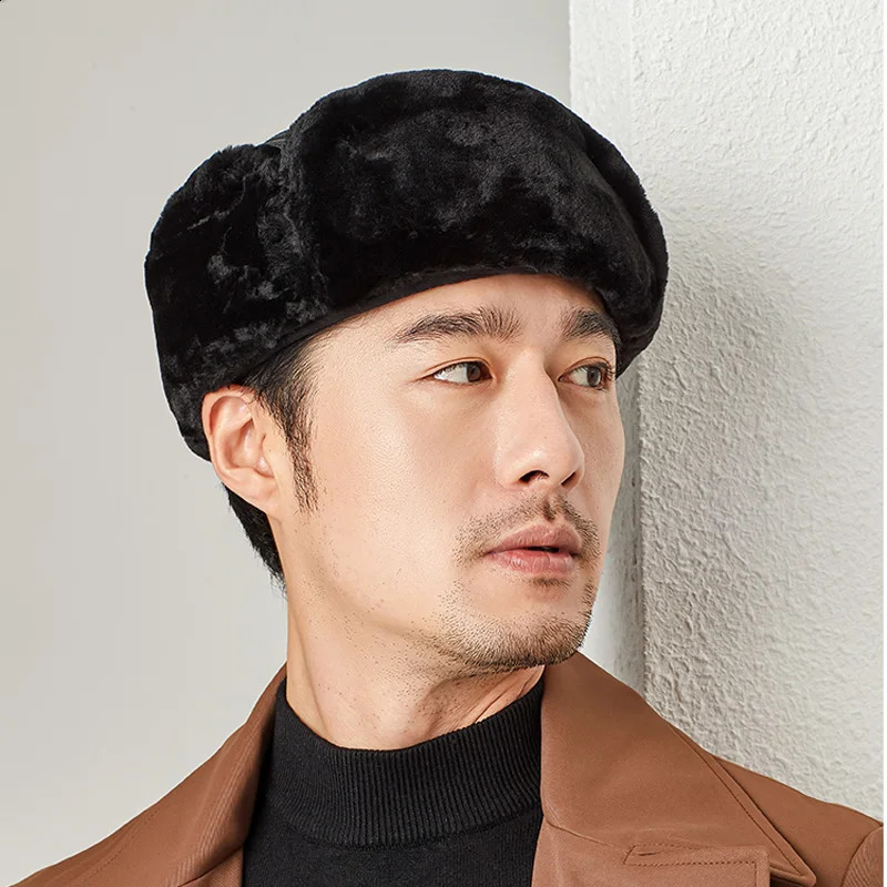 Winter Lei Feng Hats Man Genuine Leather Cap Male Warm Faux Fur Inside Big Earflap Middle-Aged Elderly Father Gorras Ear Cap 241024