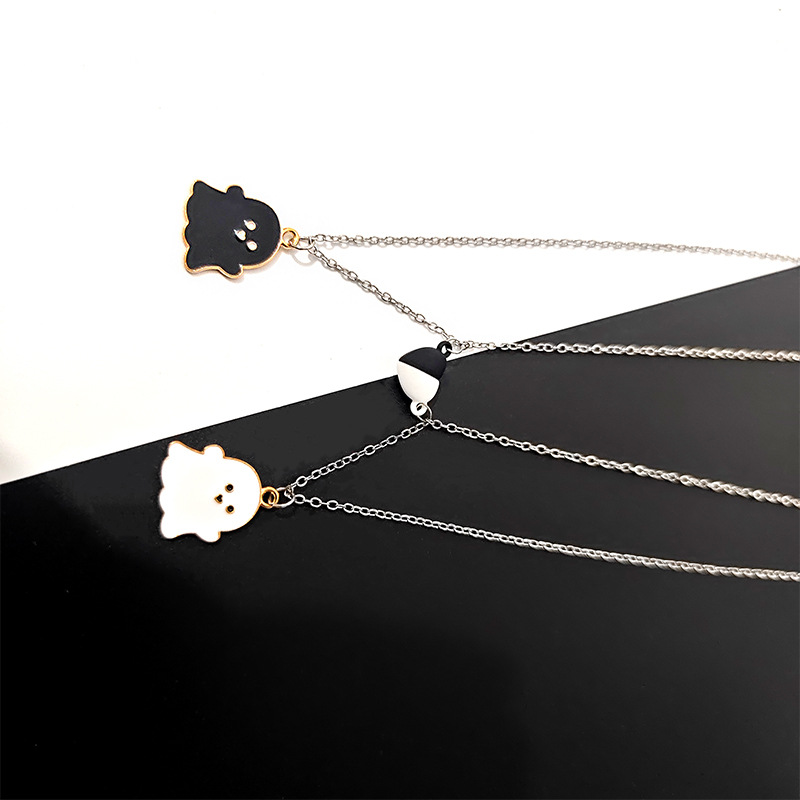 Black and white Ghost cartoon necklace Halloween Gift Jewelry Magnetic magnet pendant personality couple stainless steel necklace