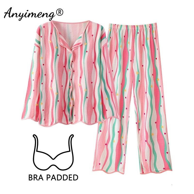 2025 New Autumn Cute Pamas for Girl fashion Fashion Soft Women Pama with Bra Pads Long Sleeves Cardigan Pijamas Woman Nightwear