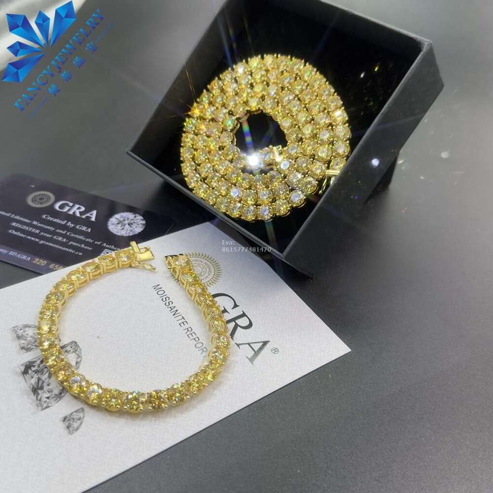 Sparkg Fashion Jewelry 3Mm 5Mm 6.5Mm Yellow Moissanite Tennis Chain Necklaces And Bracelet Pass Dia Tester