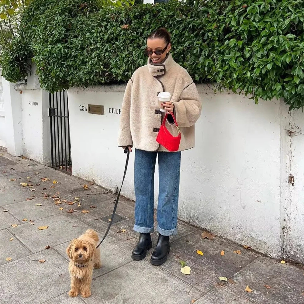 Taop Zas winter womens clothing contrasting color border wool loose jacket rack collar soft and comfortable wool leather jacket 241021