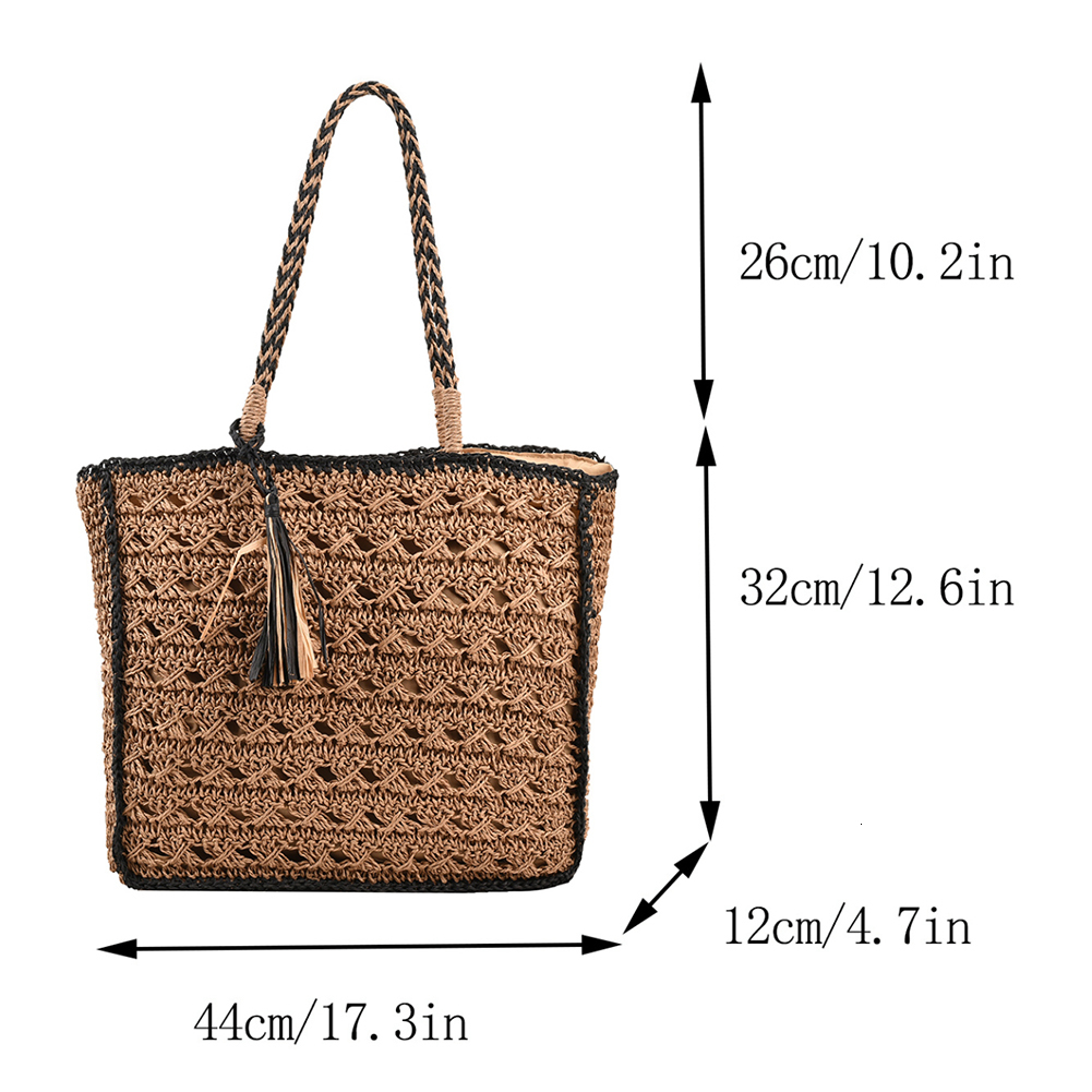 New designer women's woven straw handbag with hollow tassel shoulder, solid color crochet handbag, women's summer beach bag
