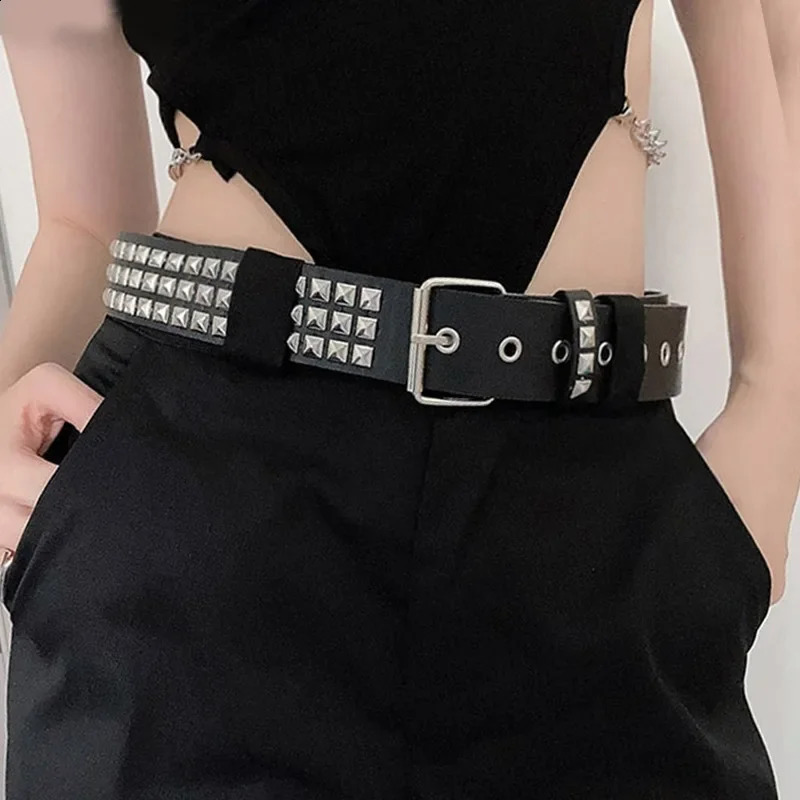 Punk Rivet Belt Metal Square Bead Women Men Bright Rock Studded Jeans Alloy Buckle Y2K Wide-brimmed Leather Waistband Belt 241024