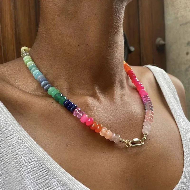 Rainbow natural semi stone necklace round beads bead necklace suitable for womens jewelry gifts 241019