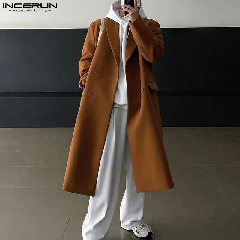 INCERUN Mens Coats Solid Collar Long Sleeve Double Chest Casual Mens Coat Street Clothing Fashion Long Coats S-5XL 241021