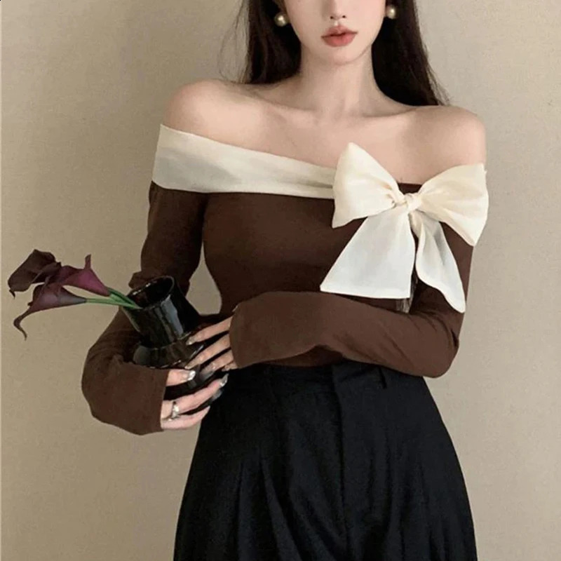 MEXZT French Elegant Sweater Women Sexy Off Shoulder Bow Slash Neck Pullovers Ladies Y2K Korean Stretch Slim Long Sleeve Tops 250107
