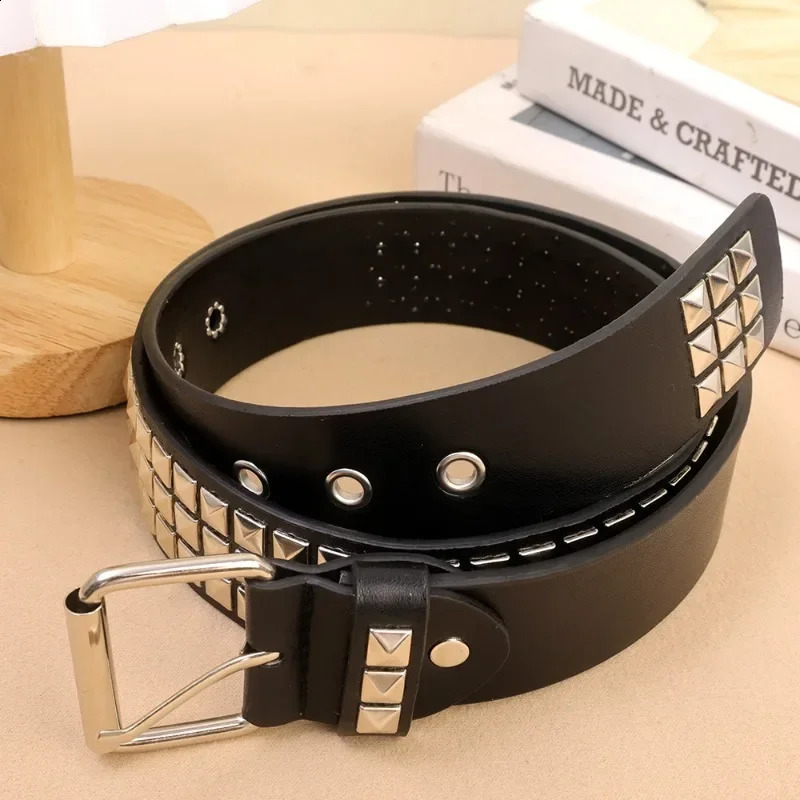 Punk Rivet Belt Metal Square Bead Women Men Bright Rock Studded Jeans Alloy Buckle Y2K Wide-brimmed Leather Waistband Belt 241024