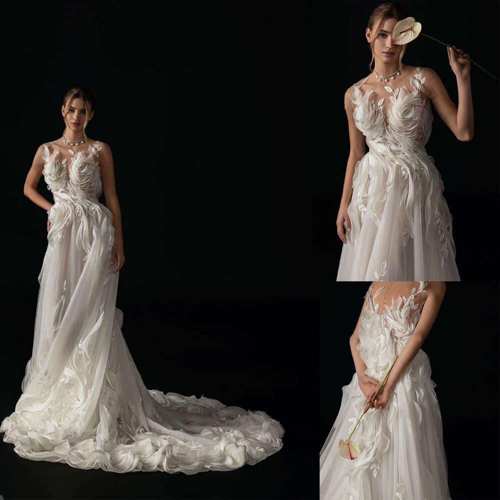 Romantic Wedding Dress A-E O-Neck Appliques 3D Wers Lace Sleeveless Princess Bride Vestido De Noiva Custom Made 0228Lz