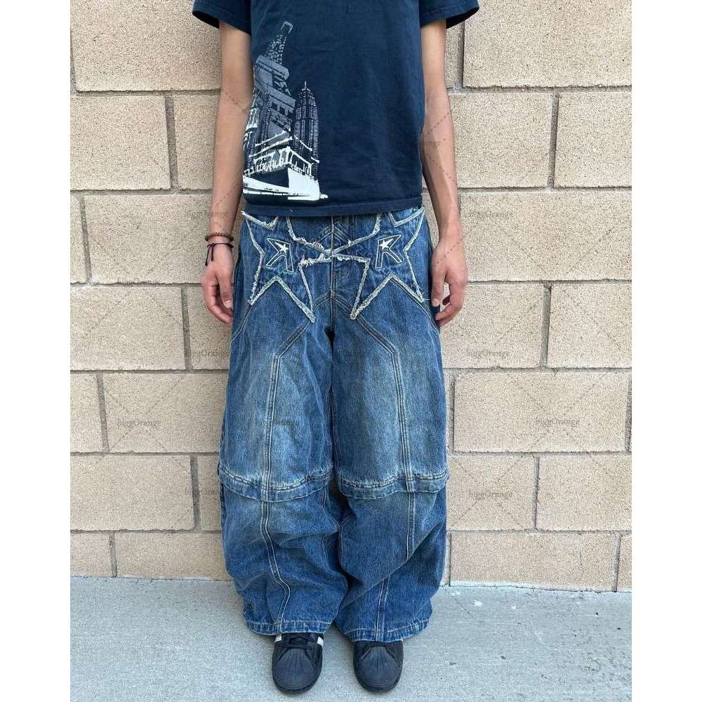 2024 Trendy Streetwear Trousers American Retro Embroidered Washed Distressed Baggy Jeans Men Gothic Punk Wide-Leg Straight Pants