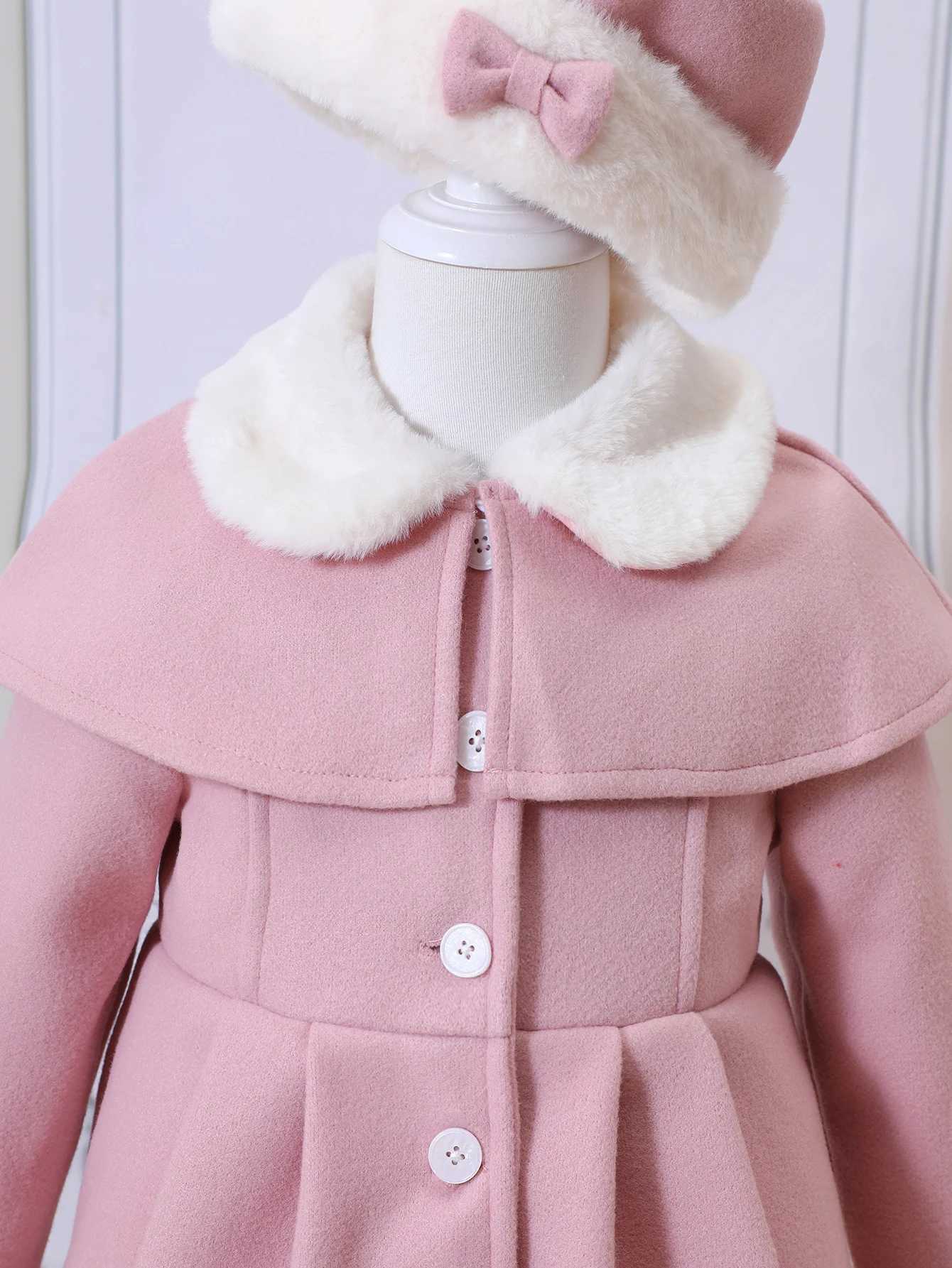 Girls new autumn and winter fur collar shawl double-layer wool coat with bow hat CL241021