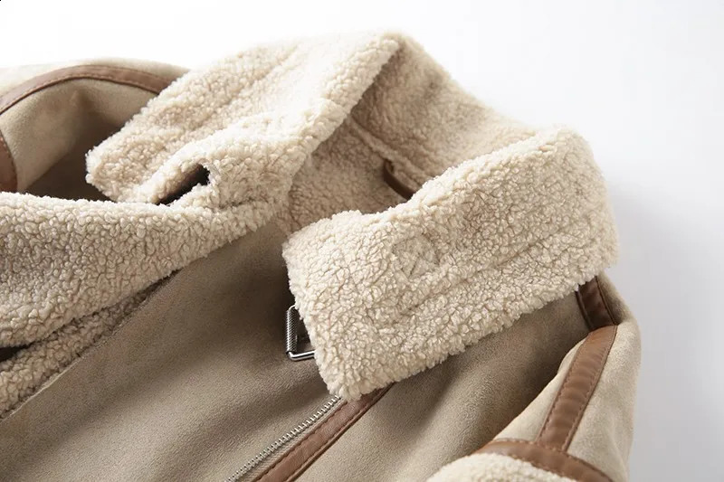 RARFs winter womens thick insulation restores ancient methods such as Suede Wool motorcycle jackets and chic loose synthetic leather 241007